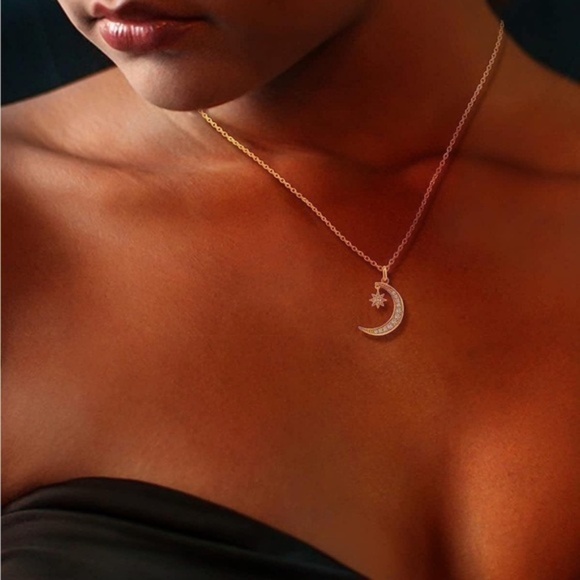 GOLD 18k Gold Plated Cubic Zirconia Moon Star Pendant Necklace - Picture 1 of 3